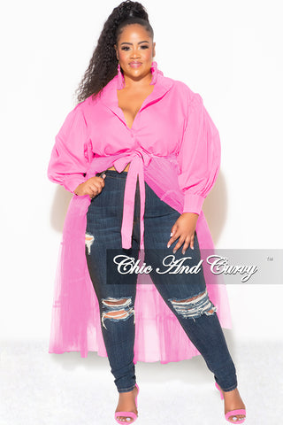 Final Sale Plus Size Puffy Long Sleeve Button Up Top with Mesh Train in Pink