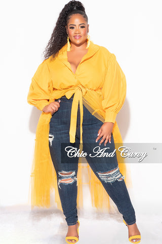 Final Sale Plus Size Puffy Long Sleeve Button Up Top with Mesh Train in Musatrd