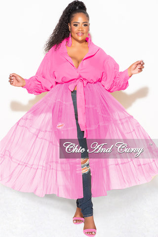 Final Sale Plus Size Puffy Long Sleeve Button Up Top with Mesh Train in Pink