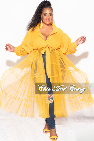 Final Sale Plus Size Puffy Long Sleeve Button Up Top with Mesh Train in Musatrd