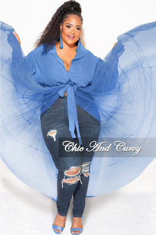 Final Sale Plus Size Puffy Long Sleeve Button Up Top with Mesh Train in Blue