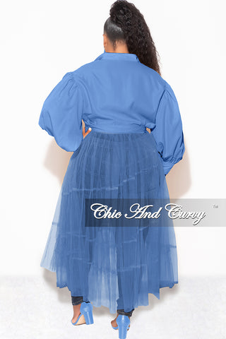 Final Sale Plus Size Puffy Long Sleeve Button Up Top with Mesh Train in Blue