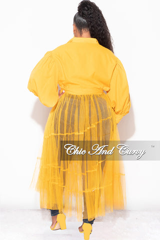 Final Sale Plus Size Puffy Long Sleeve Button Up Top with Mesh Train in Musatrd