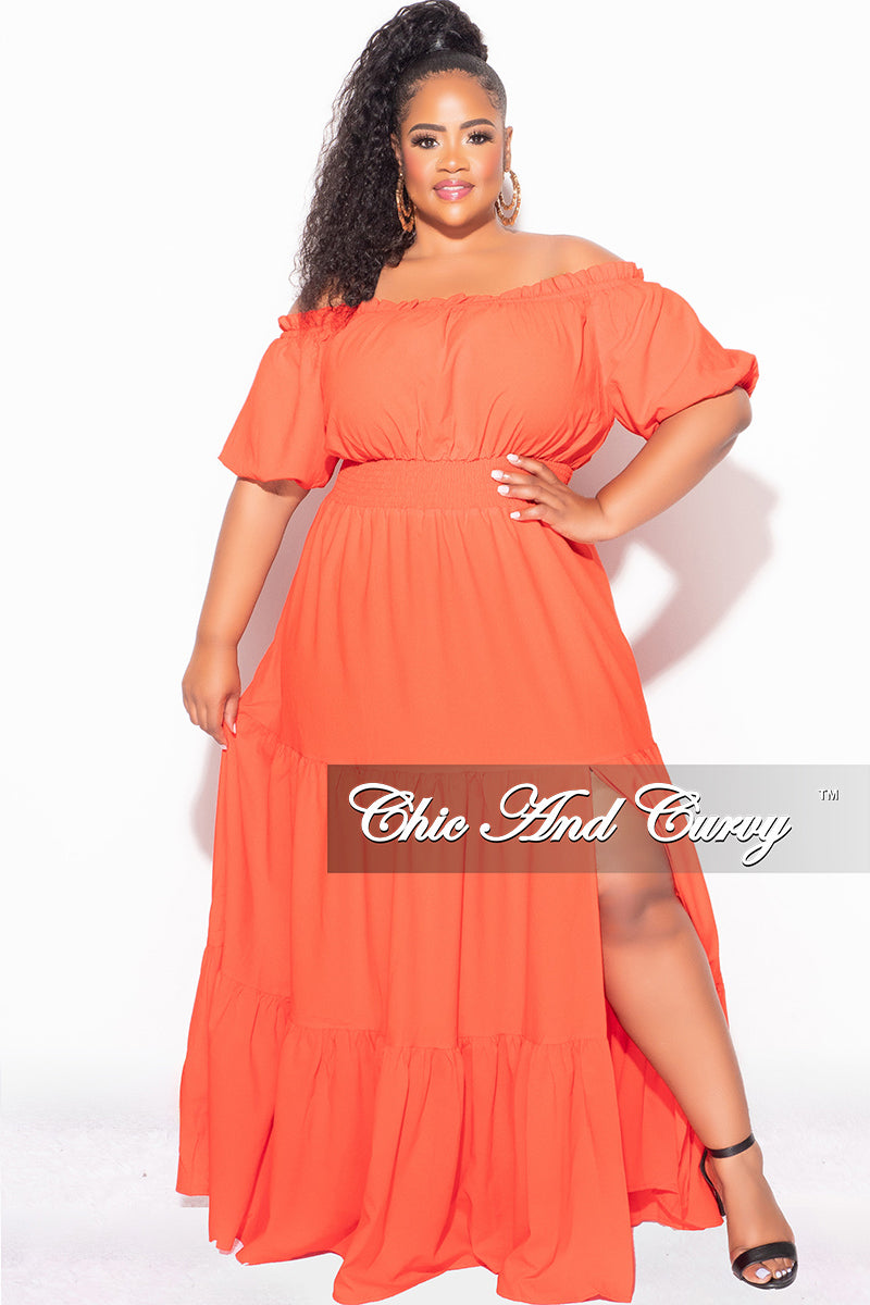 Final Sale Plus Size Off the Shoulder Frill Tiered Maxi Dress with Slit in Burnt Orange Tomato Red - 2x 18/20 Final Sale Plus Size Off the Shoulder Frill Tiered Maxi Dress with Slit in Burnt Orange Tomato Red - 2x 18/20