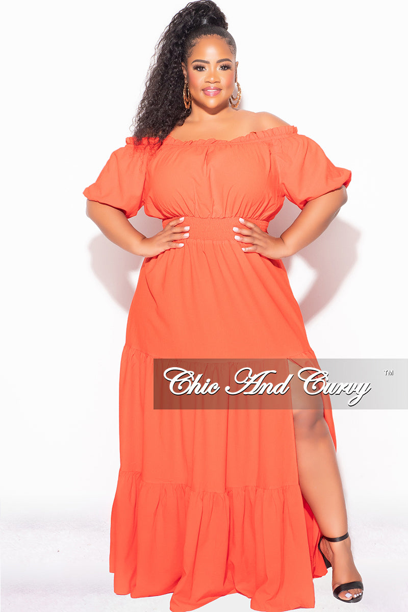 Final Sale Plus Size Off The Shoulder Frill Tiered Maxi Dress with Slit in Burnt Orange Tomato Red - 2X 18/20 Final Sale Plus Size Off The Shoulder Frill Tiered Maxi Dress with Slit in Burnt Orange Tomato Red - 2X 18/20
