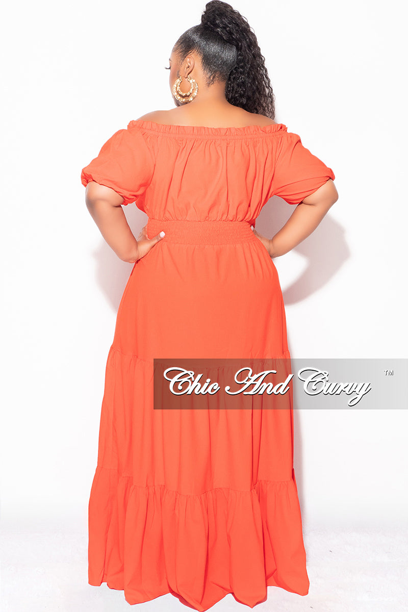 Final Sale Plus Size Off the Shoulder Frill Tiered Maxi Dress with Slit in Burnt Orange Tomato Red - 2x 18/20 Final Sale Plus Size Off the Shoulder Frill Tiered Maxi Dress with Slit in Burnt Orange Tomato Red - 2x 18/20