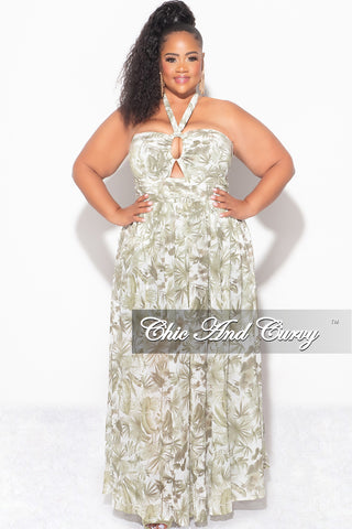 Final Sale Plus Size Halter Chiffon Maxi Dress with Slits in Olive Palm Print