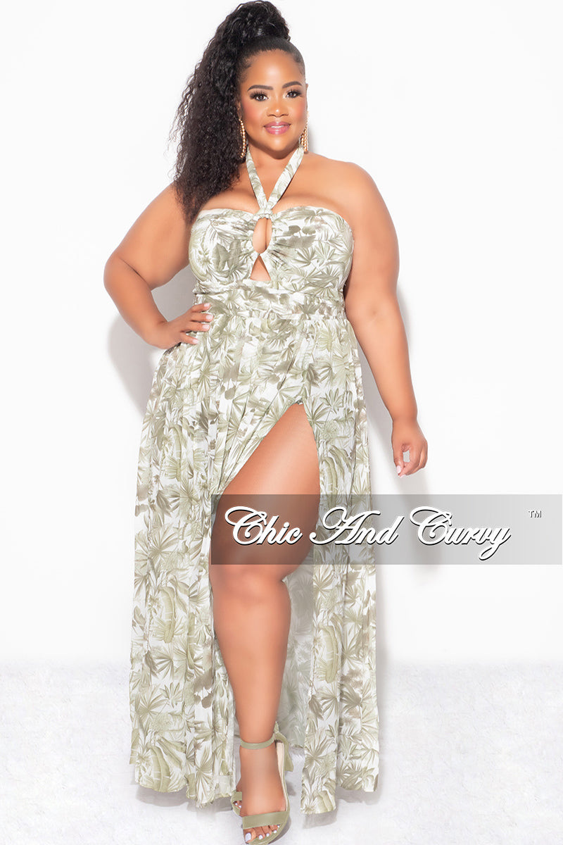 Final Sale Plus Size Halter Chiffon Maxi Dress with Slits in Olive Palm Print