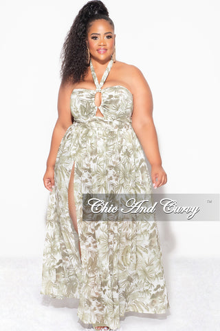 Final Sale Plus Size Halter Chiffon Maxi Dress with Slits in Olive Palm Print