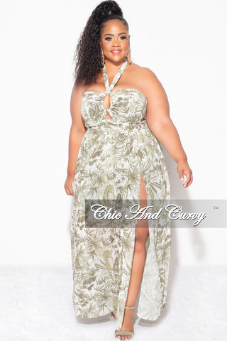 Final Sale Plus Size Halter Chiffon Maxi Dress with Slits in Olive Palm Print