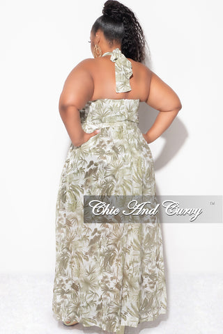 Final Sale Plus Size Halter Chiffon Maxi Dress with Slits in Olive Palm Print