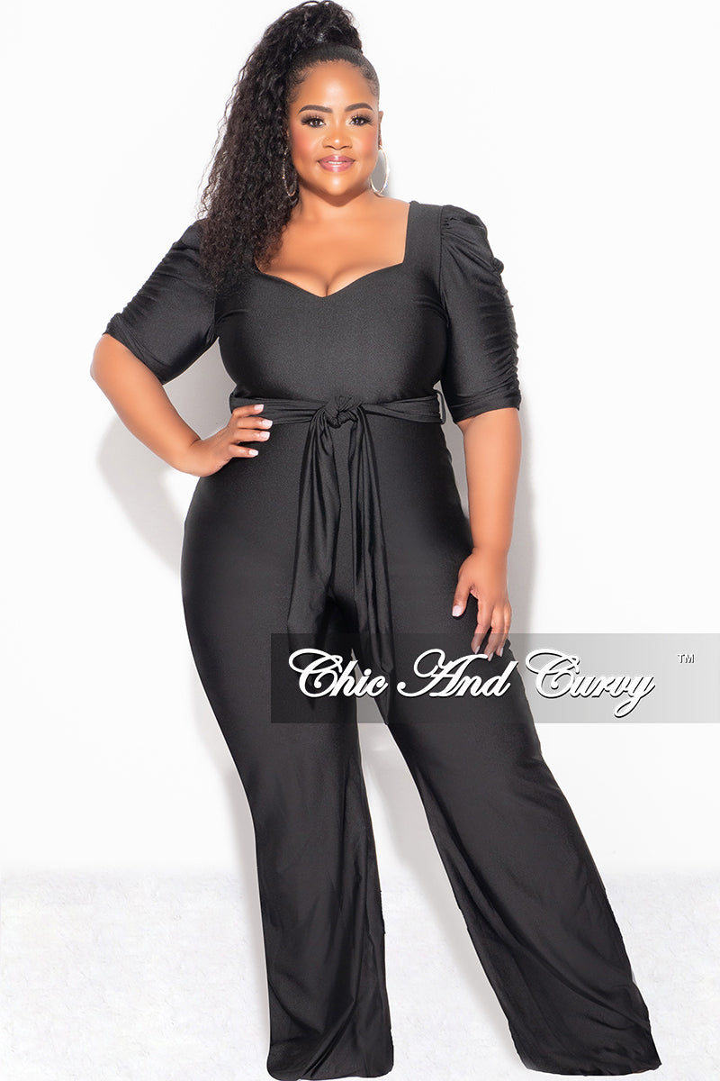 Final Sale Plus Size Shiny Jumpsuit with Ruched Sleeves in Black