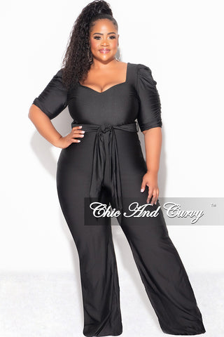 Final Sale Plus Size Shiny Jumpsuit with Ruched Sleeves in Black