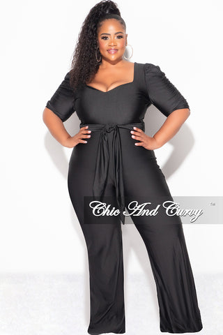 Final Sale Plus Size Shiny Jumpsuit with Ruched Sleeves in Black