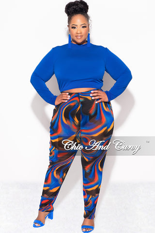 Final Sale Plus Size 2pc Long Sleeve Crop Tie Top and Mesh Pants in Royal Blue Multi Color