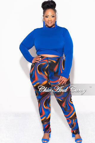 Final Sale Plus Size 2pc Long Sleeve Crop Tie Top and Mesh Pants in Royal Blue Multi Color