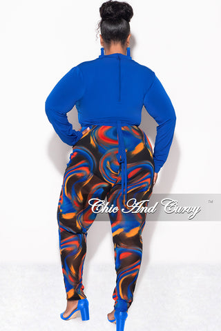 Final Sale Plus Size 2pc Long Sleeve Crop Tie Top and Mesh Pants in Royal Blue Multi Color