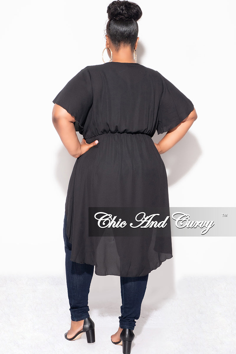 Final Sale Plus Size Chiffon High-Low Duster / Dress with Front Drawstring in Black - 1x 14/16 Final Sale Plus Size Chiffon High-Low Duster / Dress with Front Drawstring in Black - 1x 14/16