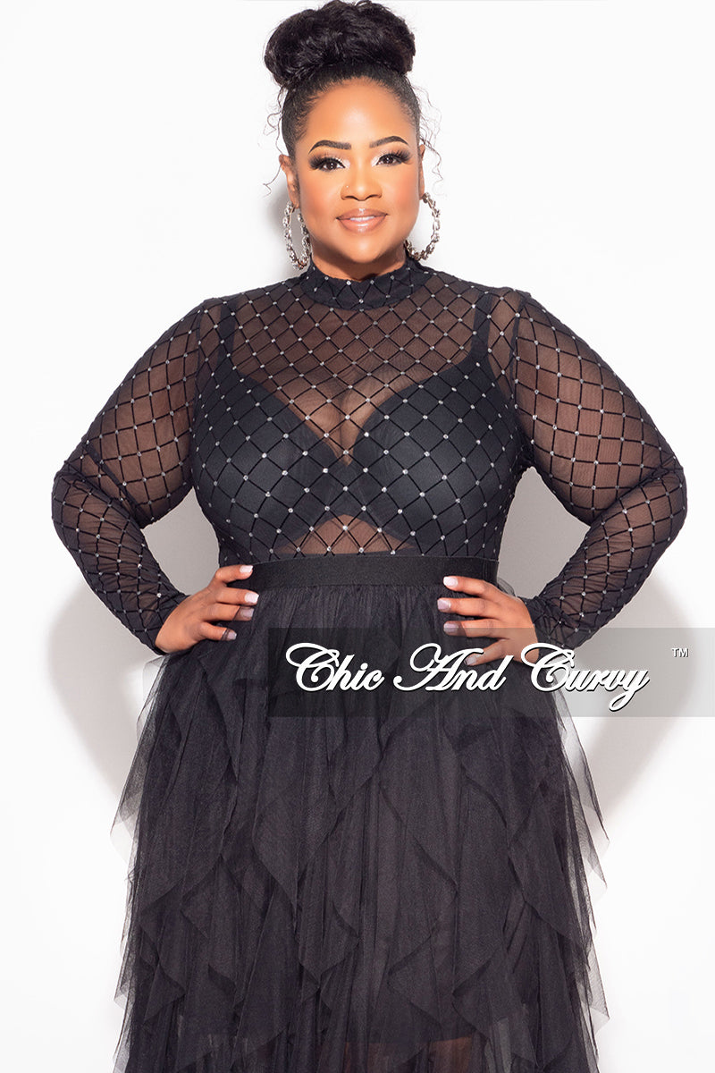 Final Sale Plus Size Bodysuit in Black with Diamond Pattern with Silver Bling