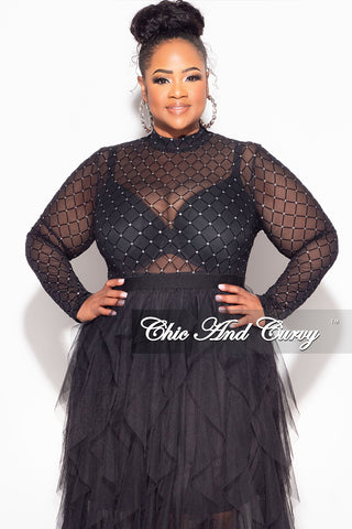 Final Sale Plus Size Bodysuit in Black with Diamond Pattern with Silver Bling