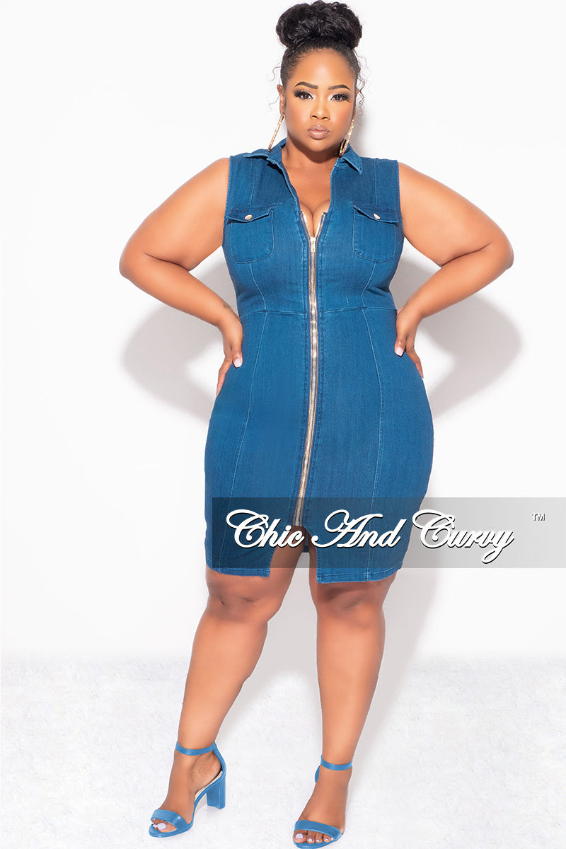 Fina Sale Plus Size Sleeveless Collar Zipup Bodycon Dress with Front Slit in Dark Denim - 3X 22 Fina Sale Plus Size Sleeveless Collar Zipup Bodycon Dress with Front Slit in Dark Denim - 3X 22