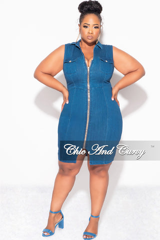 Fina Sale Plus Size Sleeveless Collar ZipUp BodyCon Dress with Front Slit in Dark Denim