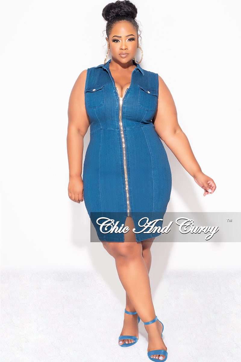 Fina Sale Plus Size Sleeveless Collar ZipUp BodyCon Dress with Front Slit in Dark Denim