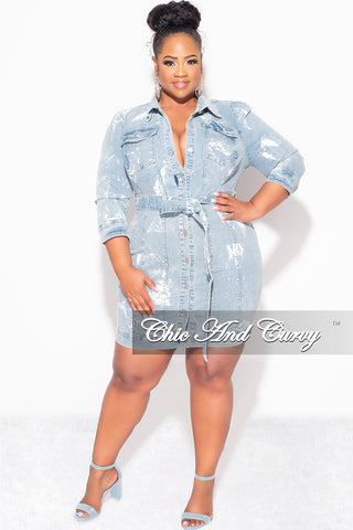 Final Sale Plus Size Collar Button Up Denim Waist Tie Dress with White Splash Paint