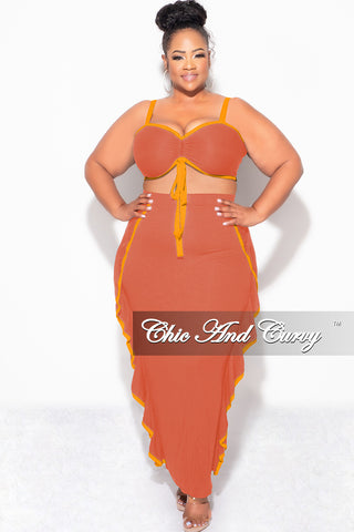 Final Sale Plus Size 2pc Crop Top and Ruffle Skirt Set in Rust and Mustard