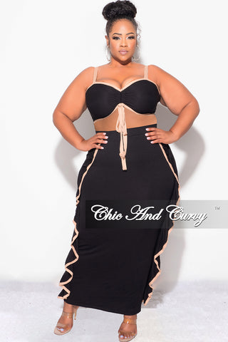 Final Sale Plus Size 2pc Crop Top and Ruffle Skirt Set in Black and Mocha