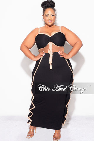 Final Sale Plus Size 2pc Crop Top and Ruffle Skirt Set in Black and Mocha