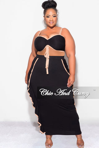 Final Sale Plus Size 2pc Crop Top and Ruffle Skirt Set in Black and Mocha