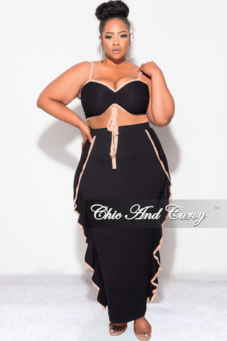 Final Sale Plus Size 2pc Crop Top and Ruffle Skirt Set in Black and Mocha