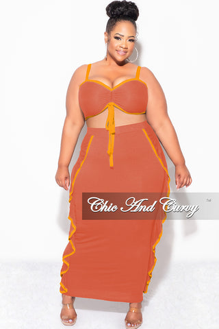 Final Sale Plus Size 2pc Crop Top and Ruffle Skirt Set in Rust and Mustard