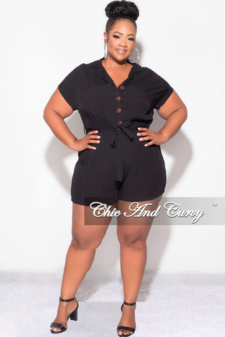 Final Sale Plus Size Collar Button Up Romper in Black