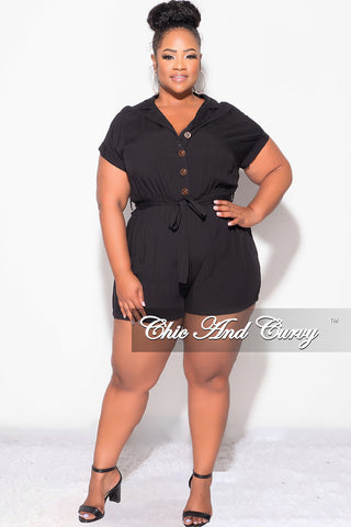 Final Sale Plus Size Collar Button Up Romper in Black