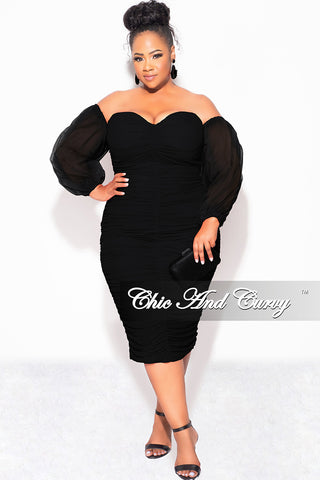 Final Sale Plus Size Mesh Shirring Tube Midi Dress with Mesh Sleeves in Black