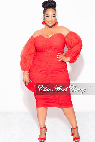 Final Sale Plus Size Mesh Shirring Tube Midi Dress with Mesh Sleeves in Red