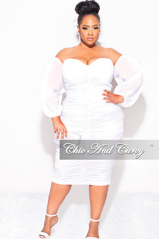 Final Sale Plus Size Mesh Shirring Tube Midi Dress with Mesh Sleeves in White