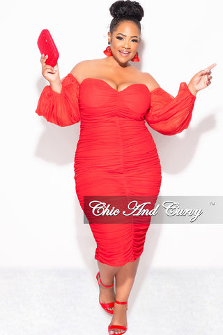 Final Sale Plus Size Mesh Shirring Tube Midi Dress with Mesh Sleeves in Red