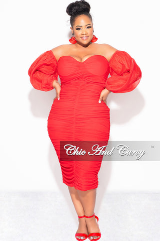 Final Sale Plus Size Mesh Shirring Tube Midi Dress with Mesh Sleeves in Red
