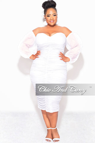 Final Sale Plus Size Mesh Shirring Tube Midi Dress with Mesh Sleeves in White