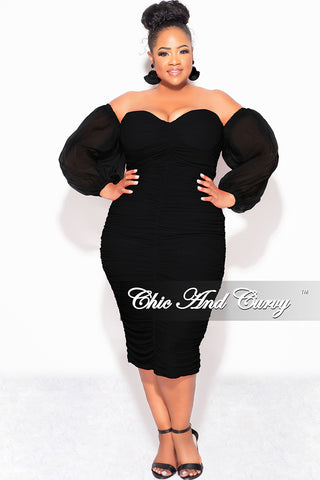 Final Sale Plus Size Mesh Shirring Tube Midi Dress with Mesh Sleeves in Black