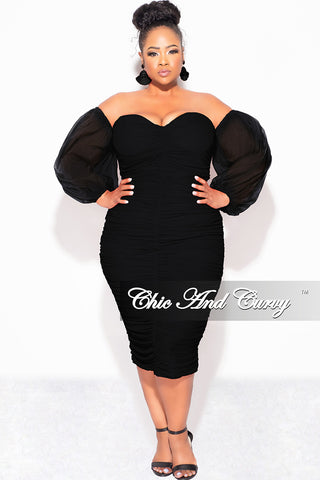 Final Sale Plus Size Mesh Shirring Tube Midi Dress with Mesh Sleeves in Black