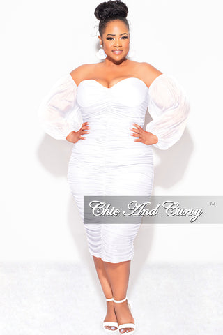 Final Sale Plus Size Mesh Shirring Tube Midi Dress with Mesh Sleeves in White