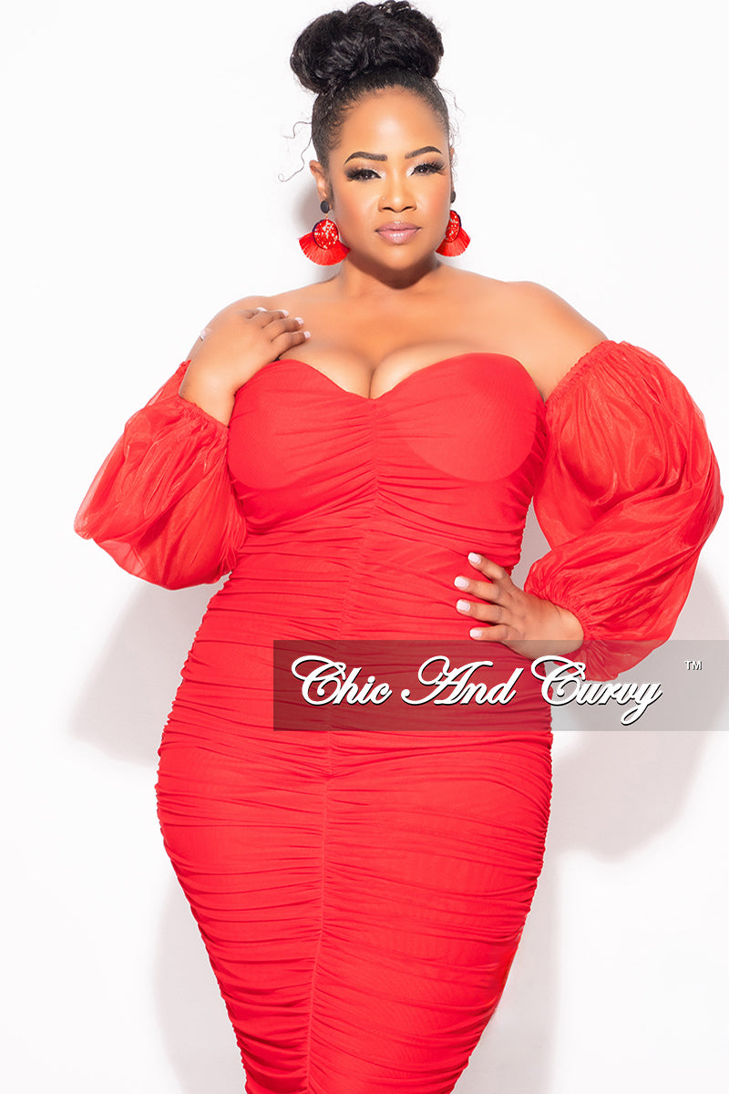 Final Sale Plus Size Mesh Shirring Tube Midi Dress with Mesh Sleeves in Red