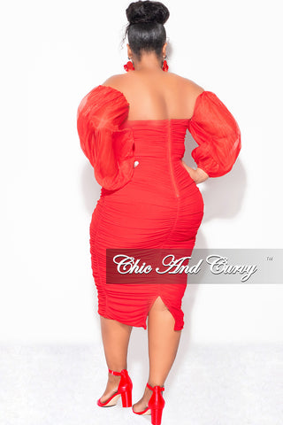 Final Sale Plus Size Mesh Shirring Tube Midi Dress with Mesh Sleeves in Red