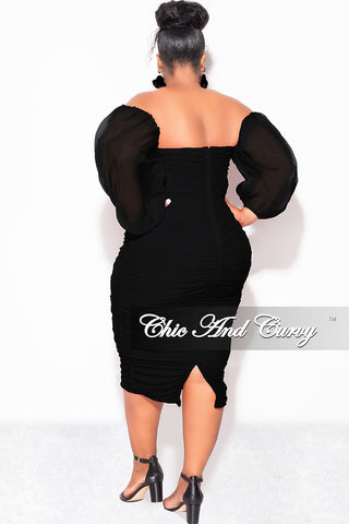 Final Sale Plus Size Mesh Shirring Tube Midi Dress with Mesh Sleeves in Black