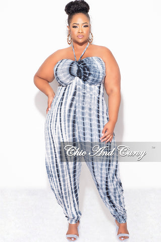 Final Sale Plus Size Halter Harem Jumpsuit in Navy & White Tie Dye Print