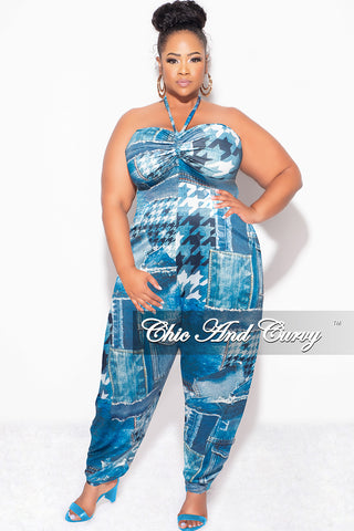 Final Sale Plus Size Halter Harem Jumpsuit in Blue & White Mixed Denim Print